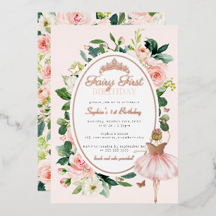 Roze Fairy Eerste 1e Verjaardag Roos Goud Folie Uitnodiging