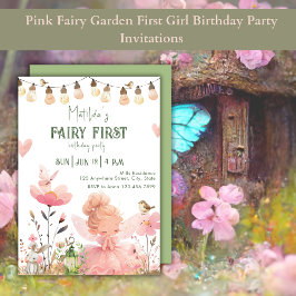 Roze Fairy Garden Eerste Meisje Verjaardagsfeestje Kaart