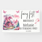 Roze Fairy House Roze Dragon Eerste Verjaardag Spandoek (Horizontaal)