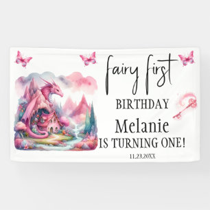 Roze Fairy House Roze Dragon Eerste Verjaardag Spandoek