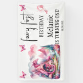 Roze Fairy House Roze Dragon Eerste Verjaardag Spandoek (Verticaal)