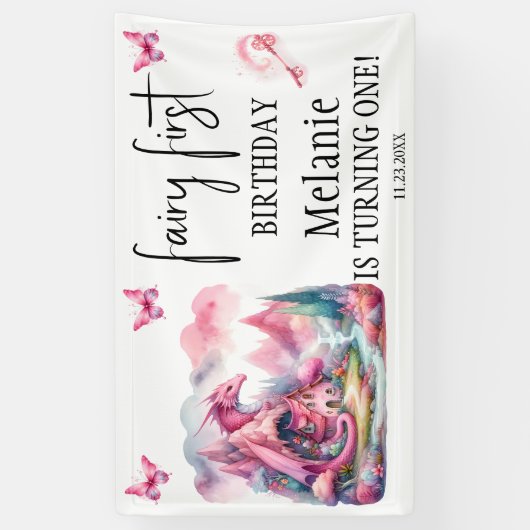 Roze Fairy House Roze Dragon Eerste Verjaardag Spandoek (Verticaal)