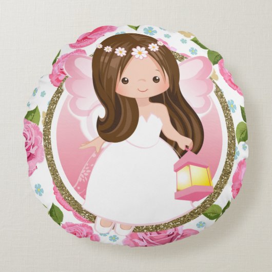 Roze Fairy Meisjes met Rozen Sierkussen Rond Kussen (Voorkant)