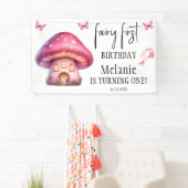 Roze Fairy Mushroom House Eerste Verjaardag Spandoek (Insitu)