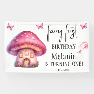 Roze Fairy Mushroom House Eerste Verjaardag Spandoek