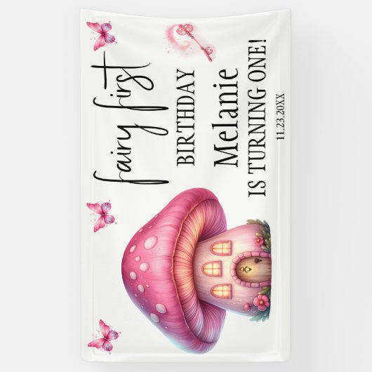 Roze Fairy Mushroom House Eerste Verjaardag Spandoek (Verticaal)