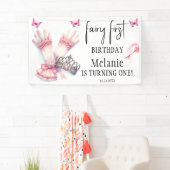 Roze Fairy Tiara Roze Vlinders Eerste Verjaardag Spandoek (Insitu)