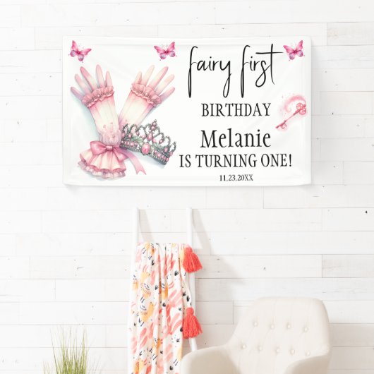 Roze Fairy Tiara Roze Vlinders Eerste Verjaardag Spandoek (Insitu)