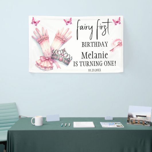 Roze Fairy Tiara Roze Vlinders Eerste Verjaardag Spandoek (Beurs)