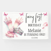 Roze Fairy Tiara Roze Vlinders Eerste Verjaardag Spandoek (Horizontaal)