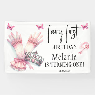 Roze Fairy Tiara Roze Vlinders Eerste Verjaardag Spandoek