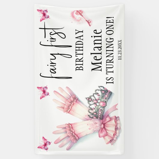 Roze Fairy Tiara Roze Vlinders Eerste Verjaardag Spandoek (Verticaal)