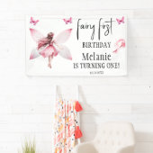 Roze Fairy Vlinders Magic Wand Eerste Verjaardag Spandoek (Insitu)