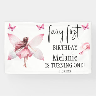 Roze Fairy Vlinders Magic Wand Eerste Verjaardag Spandoek