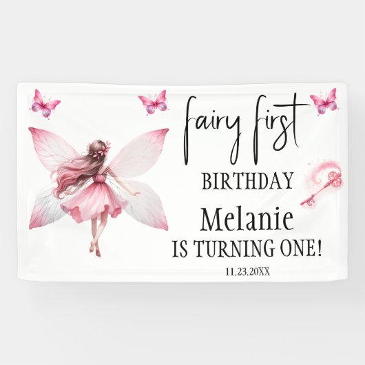 Roze Fairy Vlinders Magic Wand Eerste Verjaardag Spandoek (Horizontaal)