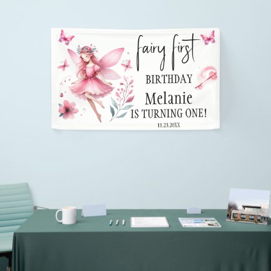Roze Fairy Vlinders Magic Wand Eerste Verjaardag Spandoek (Beurs)