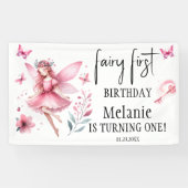 Roze Fairy Vlinders Magic Wand Eerste Verjaardag Spandoek (Horizontaal)