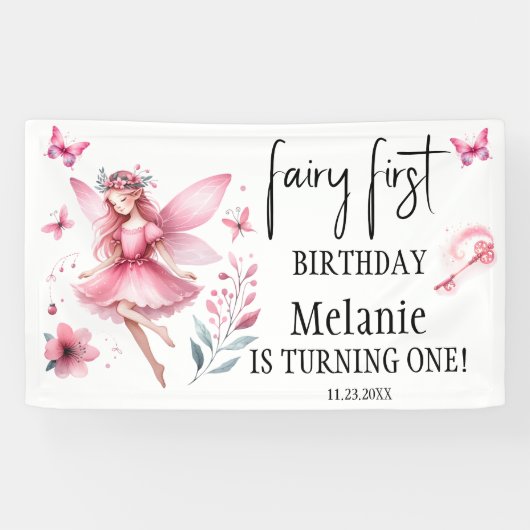 Roze Fairy Vlinders Magic Wand Eerste Verjaardag Spandoek (Horizontaal)