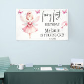 Roze Fairy Vlinders Magic Wand Eerste Verjaardag Spandoek (Beurs)