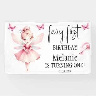 Roze Fairy Vlinders Magic Wand Eerste Verjaardag Spandoek