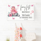 Roze Fairy Vlinders Magic Wand Eerste Verjaardag Spandoek (Insitu)
