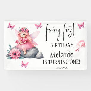 Roze Fairy Vlinders Magic Wand Eerste Verjaardag Spandoek