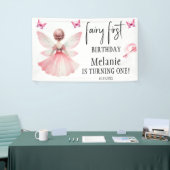Roze Fairy Vlinders Magic Wand Eerste Verjaardag Spandoek (Beurs)