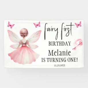 Roze Fairy Vlinders Magic Wand Eerste Verjaardag Spandoek