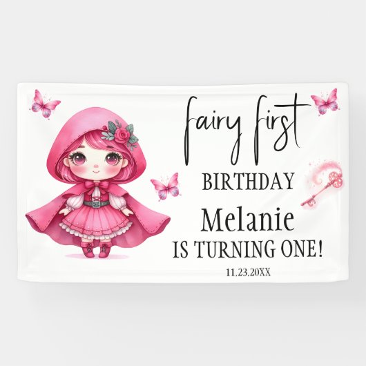 Roze Fairy Vlinders Magic Wand Eerste Verjaardag Spandoek (Horizontaal)