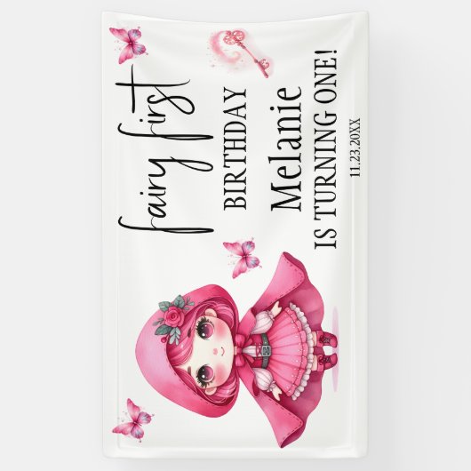 Roze Fairy Vlinders Magic Wand Eerste Verjaardag Spandoek (Verticaal)