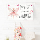 Roze Fairy Vlinders Magic Wand Eerste Verjaardag Spandoek (Insitu)