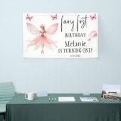Roze Fairy Vlinders Magic Wand Eerste Verjaardag Spandoek (Beurs)