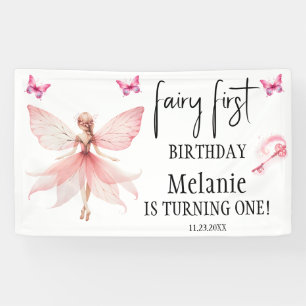 Roze Fairy Vlinders Magic Wand Eerste Verjaardag Spandoek