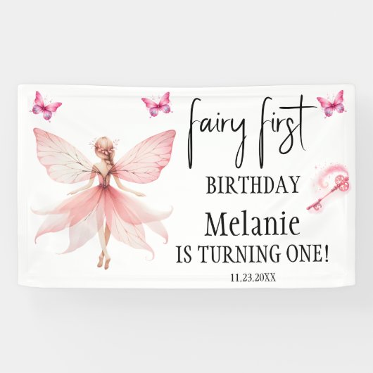 Roze Fairy Vlinders Magic Wand Eerste Verjaardag Spandoek (Horizontaal)