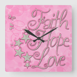 Roze Faith Hope Love Stars Butterflies Clock Vierkante Klok