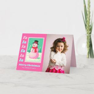 Roze FaLaLa Sneeuwman Kerst Postzegel Foto Feestdagen Kaart