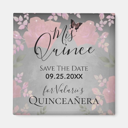 Roze Fancy Rozen Quinceanera Roze sparen de Datum  Magneet (Voorkant)