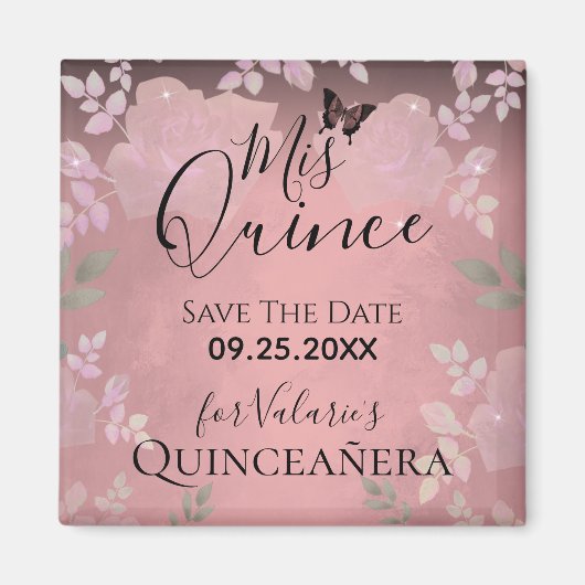 Roze Fancy Rozen Quinceanera Roze sparen de Datum Magneet (Voorkant)