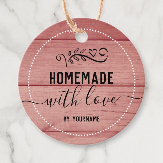 Roze Fancy Script-homemade met roze hout en liefde Bedankjes Labels (Voorkant)