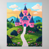 Roze Fantasie Kasteel Zonsondergang Landschap Muur Poster (Voorkant)