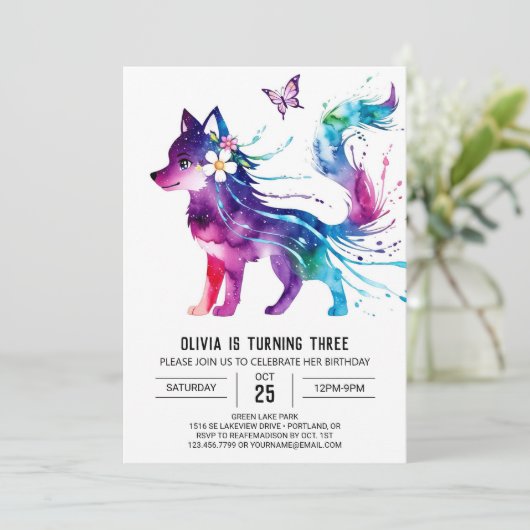 Roze Fantasie Wolf Digitaal Meisje Verjaardag Kaart (Staand voorkant)