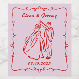 Roze Fantasievol Handgetekend Wijnlabel voor Trouw Wijn Etiket