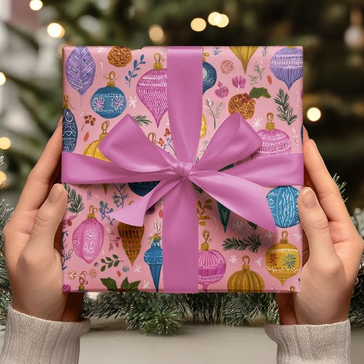 Roze Fantasievolle Kerstversieringen Cadeaupapier