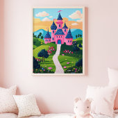 Roze Fantasy Castle Sunset Landschap Muur Kunst Poster