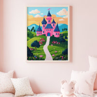 Roze Fantasy Castle Sunset Landschap Muur Kunst