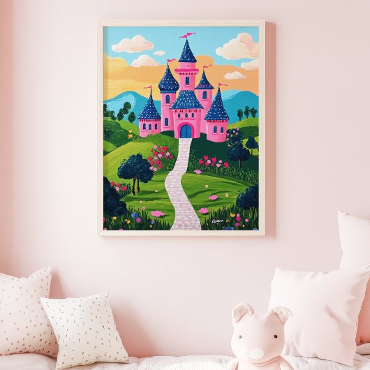 Roze Fantasy Castle Sunset Landschap Muur Kunst Poster