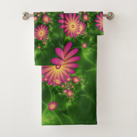 Roze fantasy Flowers Modern Abstract fractal Art Bad Handdoek (Insitu)