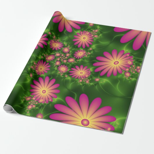 Roze fantasy Flowers Modern Abstract fractal Art Cadeaupapier (Uitgerold)