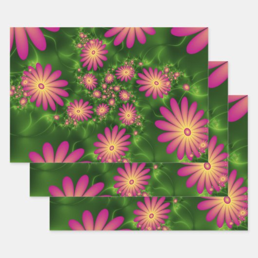 Roze fantasy Flowers Modern Abstract fractal Art Inpakpapier Vel (Set)