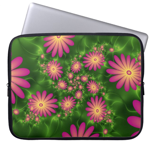 Roze fantasy Flowers Modern Abstract fractal Art Laptop Sleeve (Voorkant)